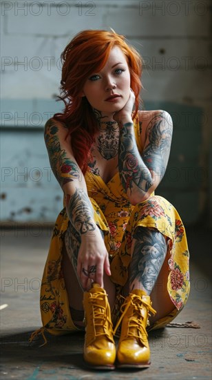 Young red-haired model with yellow dress and leather shoes sitting on the floor