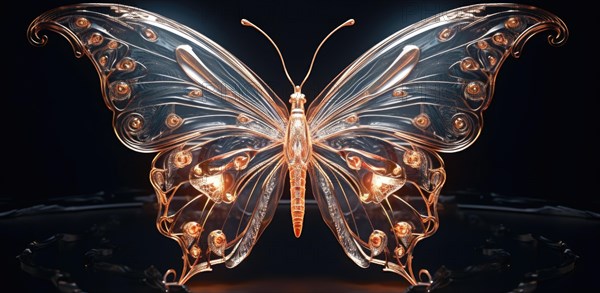 Stylized glass butterfly with glowing wings on a dark background AI generated