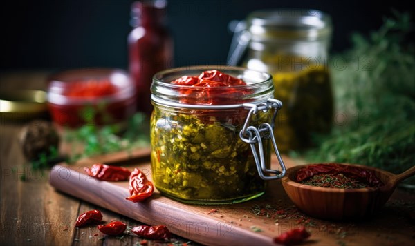 Pesto sauce with fresh herbs and spices on dark background AI generated