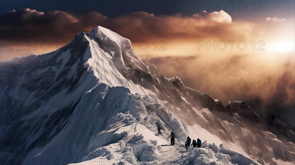 Five leashed mountaineers standing in heavy snow