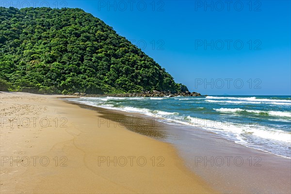 Deserted beach with preserved forests in Guaruja on the north coast of the state of Sao Paulo
