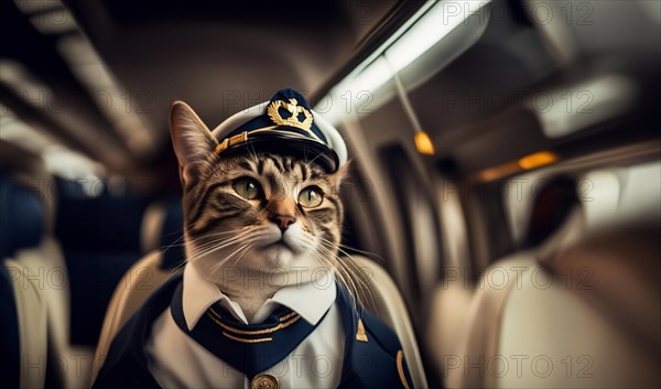 Cat pilot in an airplane pilot uniform on an airplane