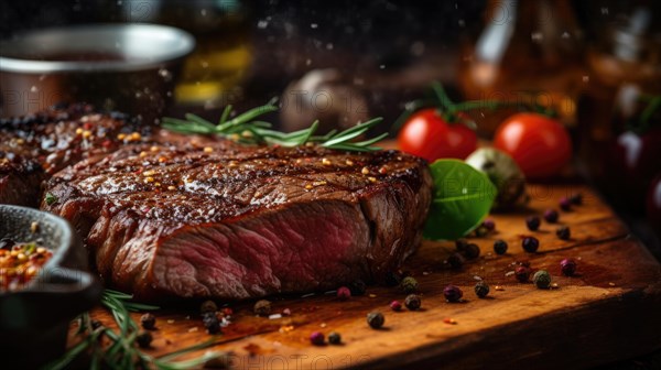 Grilled beef steak with fresh salad and cherry tomatoes on black background AI generated