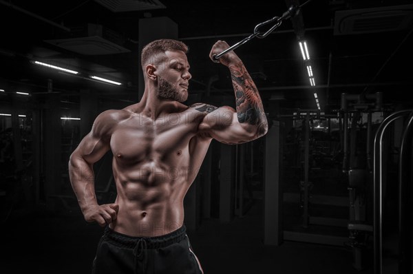 Portrait of an athlete pumping biceps in a crossover. Bodybuilding and fitness concept.