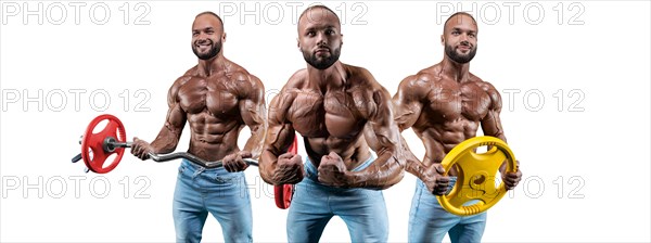 Set of three sexy muscular men. Posing on a white background with dumbbells and barbells. Bodybuilding and fitness concept.