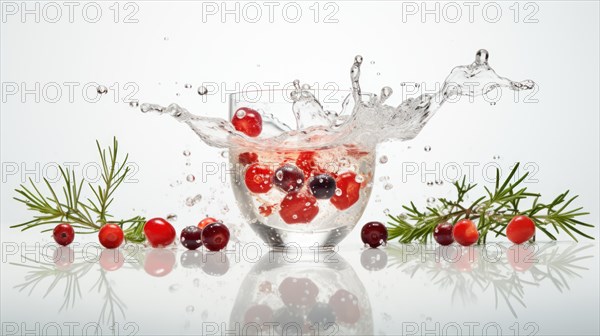Cranberry in clean water with ice and rosemary on a white background AI generated