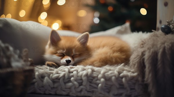 Cute little fox sleeping on sofa in room with Christmas tree and lights AI generated