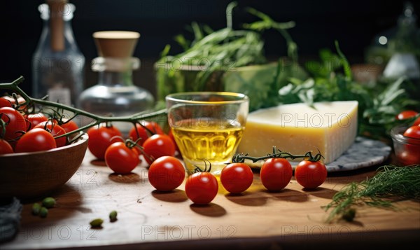 Parmesan cheese with cherry tomatoes and basil on a wooden board AI generated