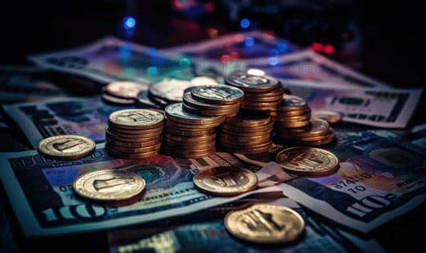 Coins stacked on paper currency with a dark blue ambiance symbolizing economy AI generated
