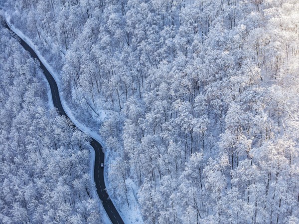 Winding country road near Gutenberg on the Swabian Alb in winter