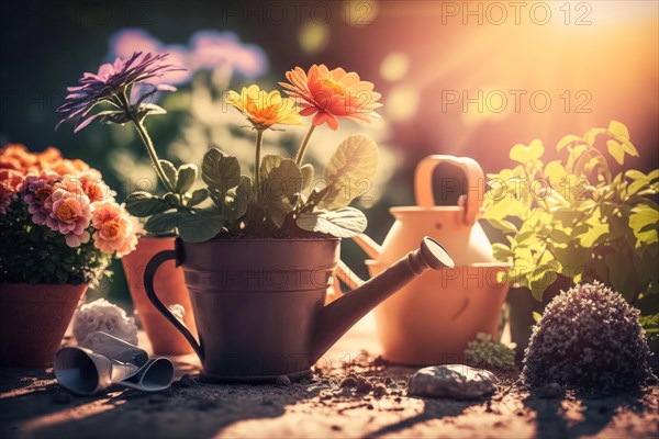 Pot of chrysanthemums with gardening tools