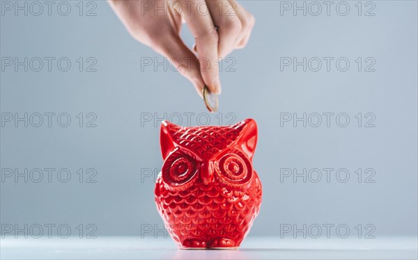 Female hand puts a coin in a piggy bank in the shape of an owl. Thrift concept.