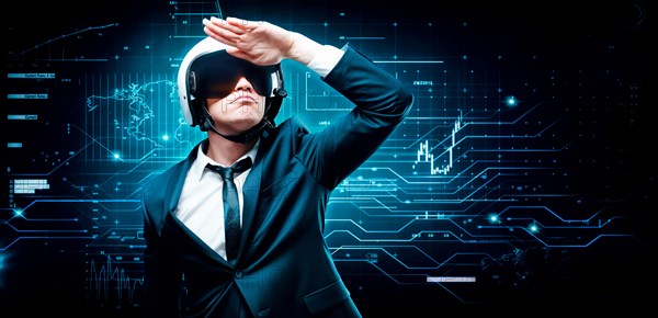 Portrait of a man in a suit and helmet. He peers into the distance against the backdrop of a futuristic hologram. Business concept. IT.