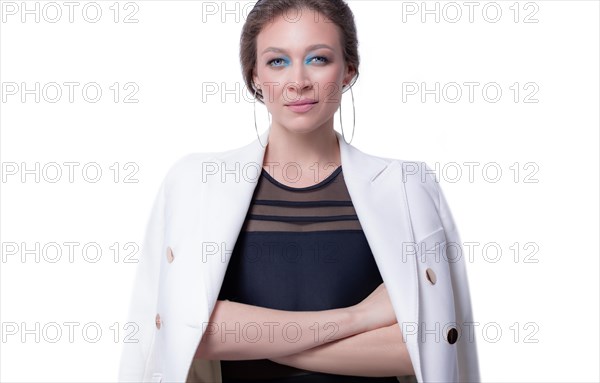 Portrait of a beautiful business woman in a white jacket. White background. The concept of management
