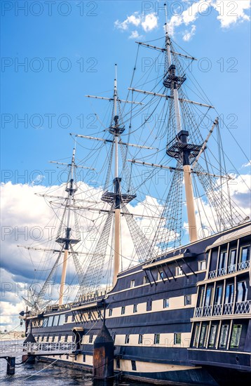 Image of a warship in St. Petersburg. Tourism concept