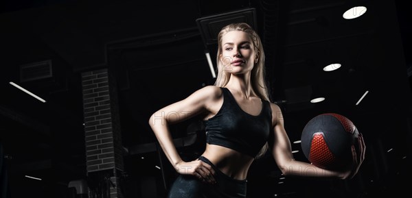 Charming blonde posing in the gym with a fitness ball. Front view. The concept of sports