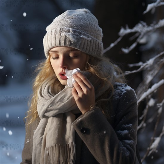 Young female in winter clothes blowing her nose