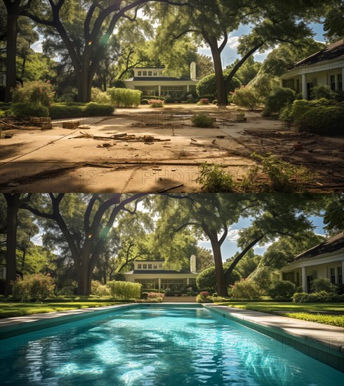 Before and after of an unattended mediocre back yard to A beautiful yard with a swimming pool. generative AI