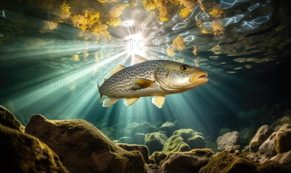 Rainbow trout swimming underwater in the ocean with rays of light AI generated