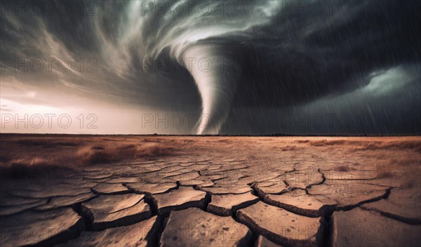 Big tornado storm above the desolate land. Dry cracked ground field and weather disasters caused by the global climate change. Environmental problem concept. AI generated art