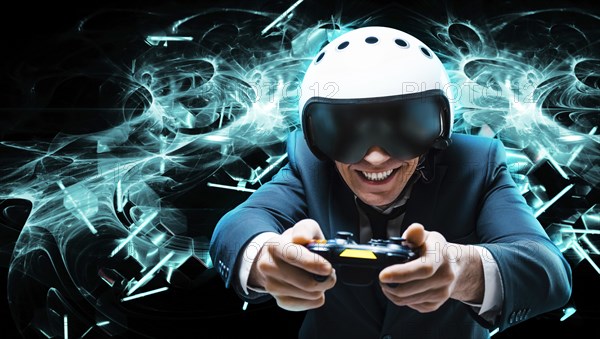 Portrait of a man in a suit and helmet of a pilot with a joystick in his hands. He enthusiastically plays a computer game. Game space. Game concept.
