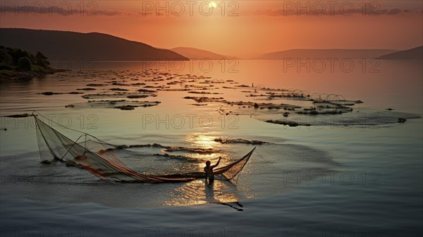 Fishermen entwined in fishing nets at sea with a beautiful sunrise in the backdrop