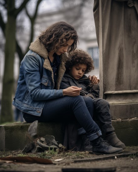 Woman with child sitting sadly at gravestone