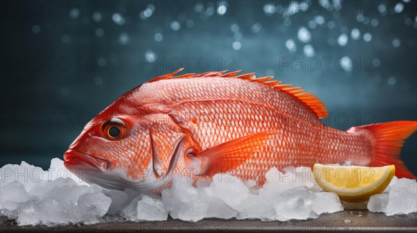 Fresh red sea bass fish with ice and lemon on dark background AI generated