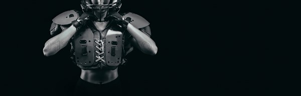 NO name portrait of a woman in shoulders pads. American football. Sports concept.