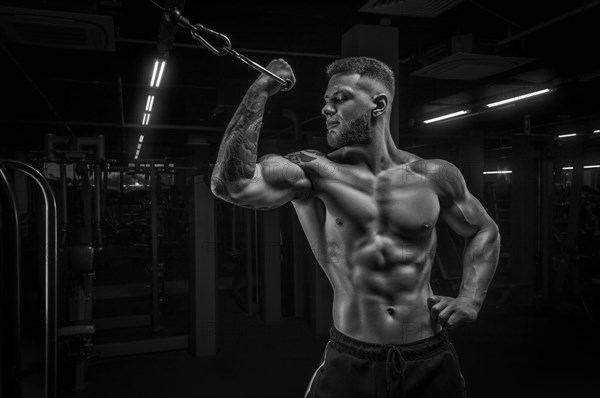 Portrait of an athlete pumping biceps in a crossover. Bodybuilding and fitness concept.