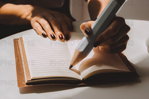 Large pencil is standing on a sheet of a notebook. Concept of business interviewing.