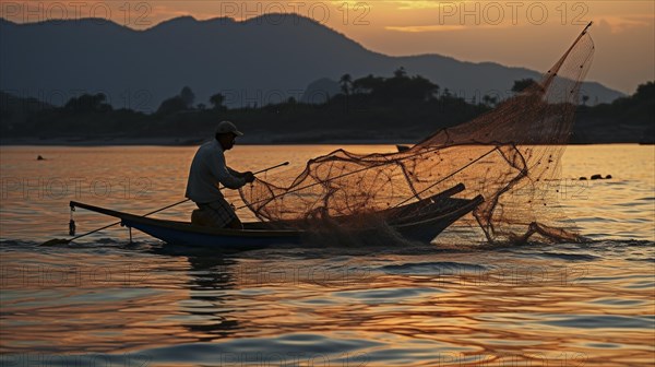 A fisherman casts a net from his boat at sunset
