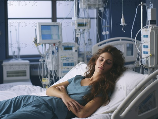 Woman in hospital bed with focus on her peaceful expression and life-saving medical equipment