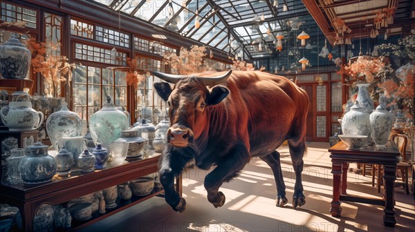 Very large bull with horns in a China shop filled with glassware. generative AI