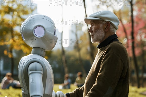 Old man having fun with a white artificial intelligence controlled care robot