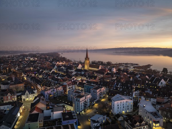 Aerial view of the town of Radolfzell on Lake Constance after sunset