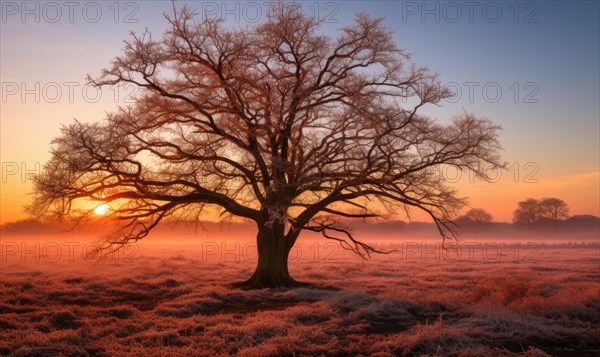 A lone tree stands in a frosty field with the sun setting