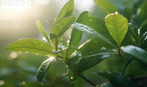 Bright sunlight on green leaves with glistening water droplets AI generated