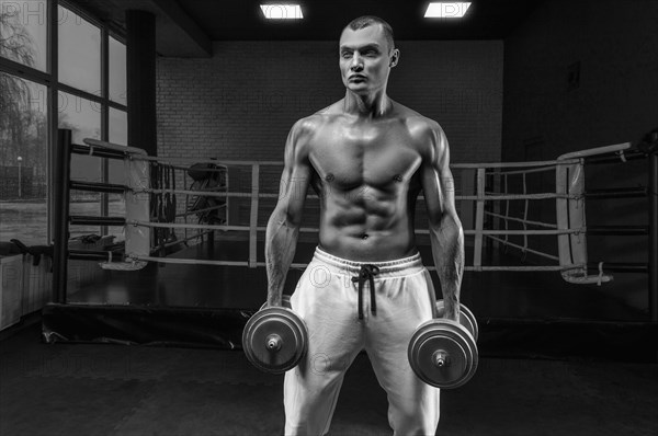 Handsome young man working out with dumbbells in the gym. Shoulder pumping. Fitness and bodybuilding concept.