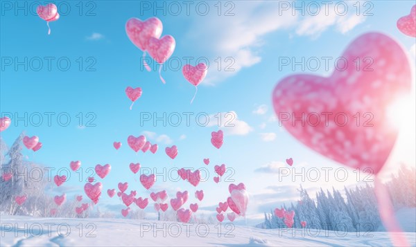 Snowy landscape with pink heart-shaped balloons rising into the sky AI generated