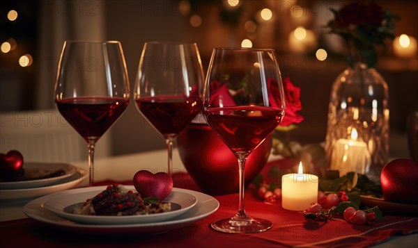 Intimate romantic dining experience with red wine glasses and a candlelit atmosphere AI generated