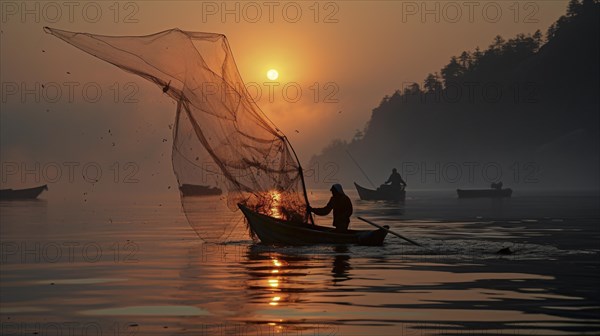 Fisherman on a boat with a net on calm waters as the sun sets