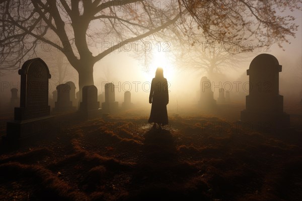 A woman in the fog at the cemetery