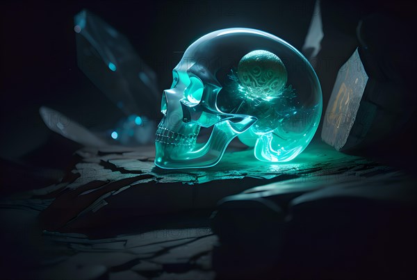 Glowing crystal skull with a mystical brain
