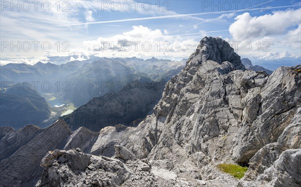 View of Obersee and mountain panorama with rocky Watzmann ridge and Steinernes Meer
