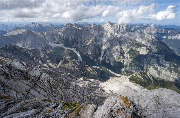 View of Wimbachgries valley and mountain panorama with rocky mountain peak of Hochkalter