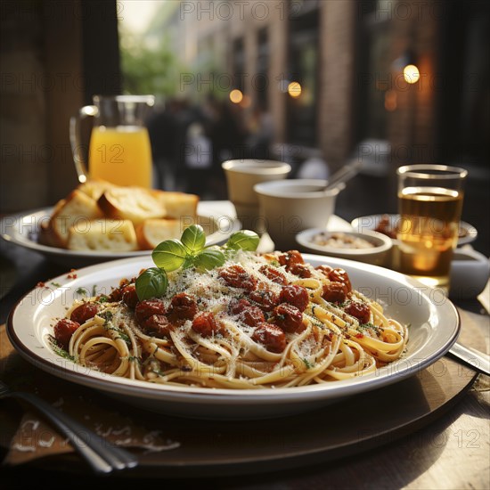 Fruehstueck im Freien mit einem Teller traditioneller italienischer Pasta und einem Glas Orangensaft