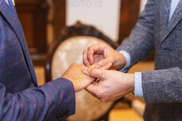 Gay wedding groom placing ring on husband at ceremony