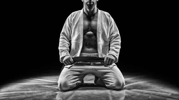 Professional athlete sits in the gym. Concept of karate