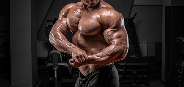 Powerful bodybuilder posing in the gym. No name portrait. Bodybuilding concept.